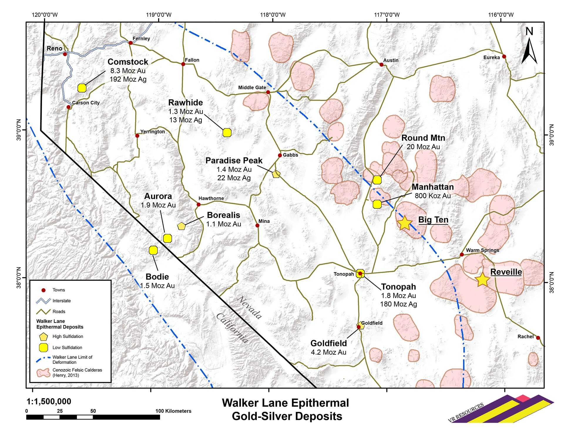 Location of VR’s Big Ten and Reveille Projects in Walker Lane Mineral Belt