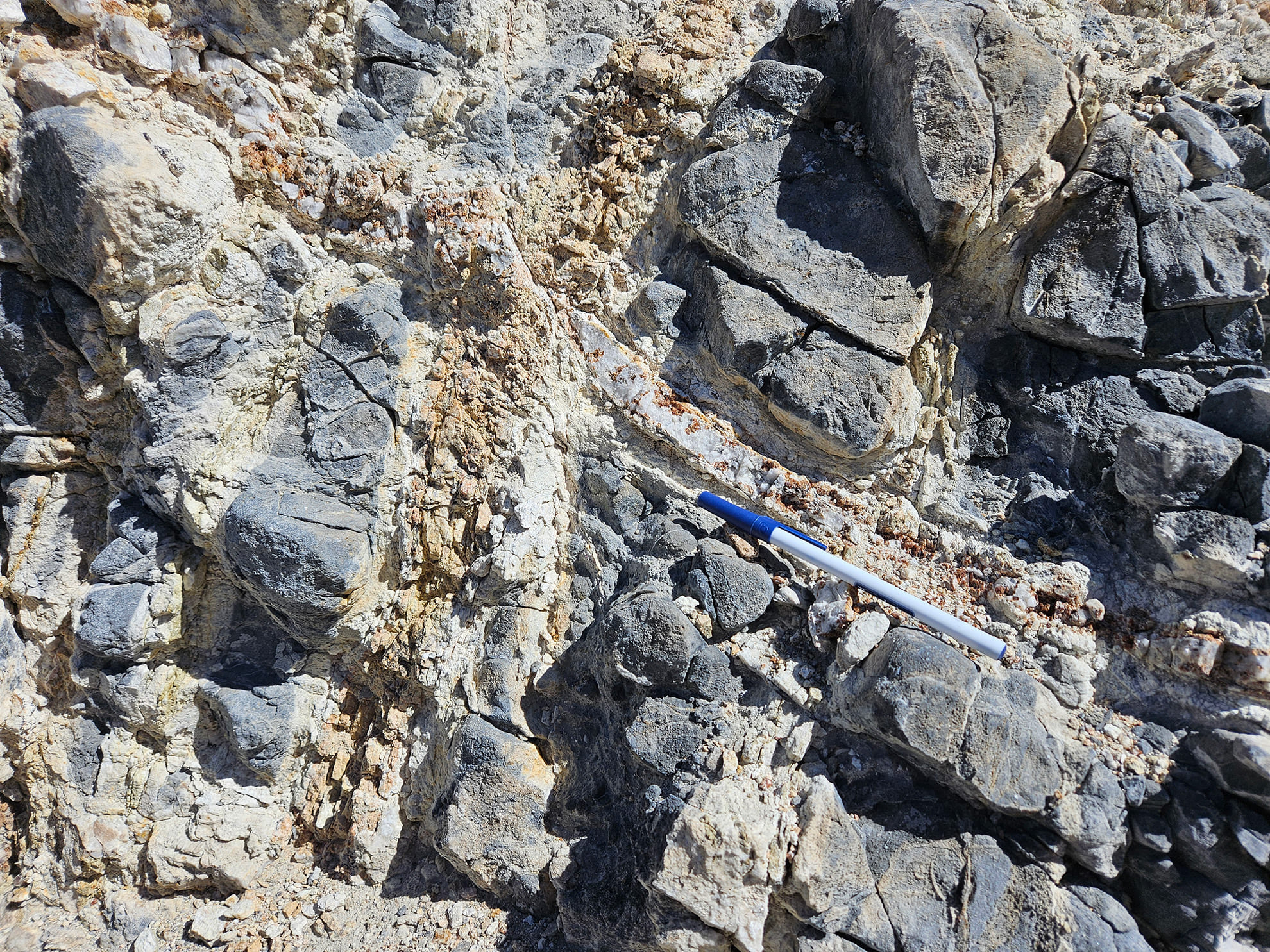 Sheeted and stockwork veins of quartz-garnet-sulfide in recrystallized limestone host rock at the drill collar site for NB26-003, Jeep Mine, May 2026.