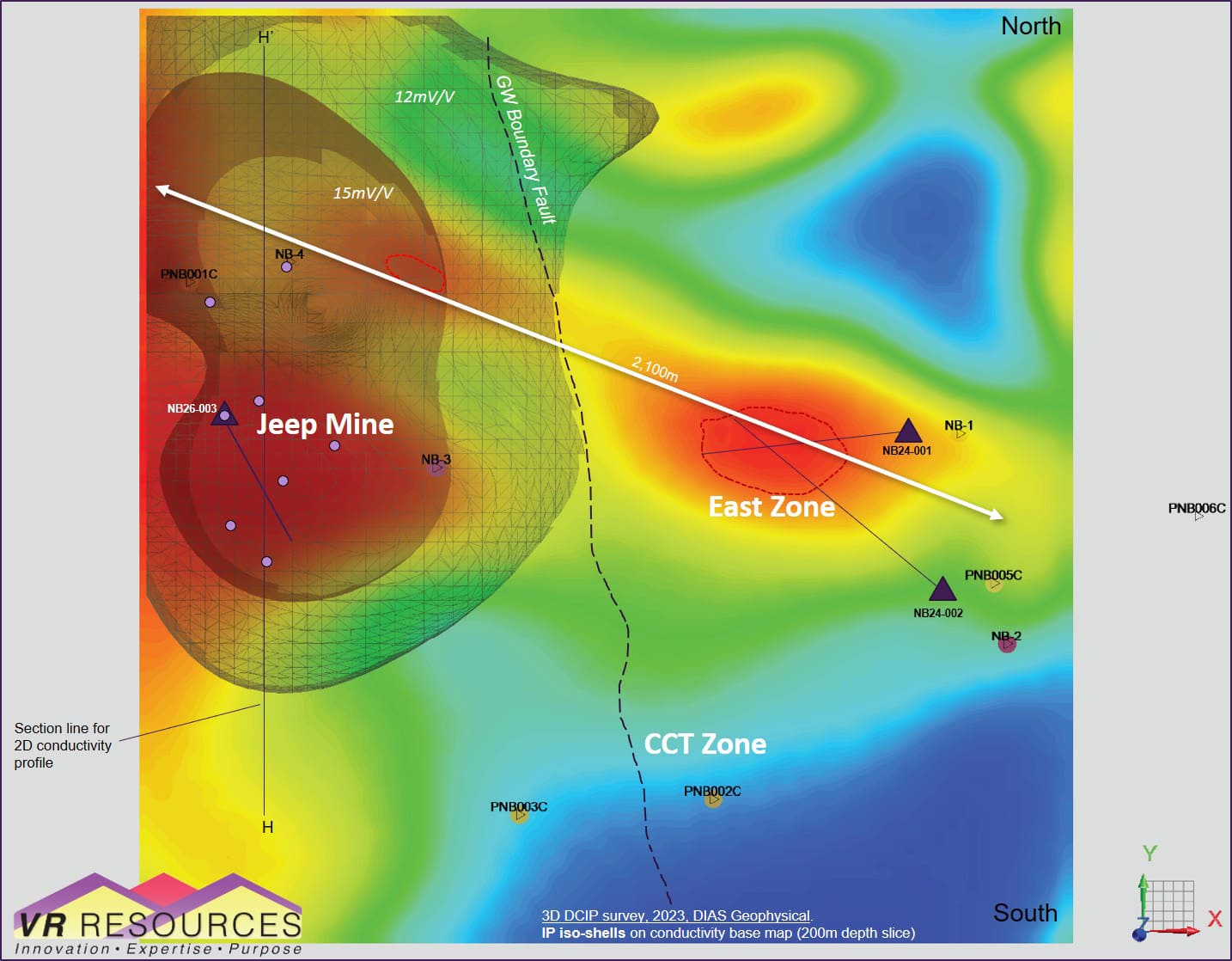 Plan Map with IP iso-shells on conductivity base map, from 3D-array DCIP geophysical survey, April 2024