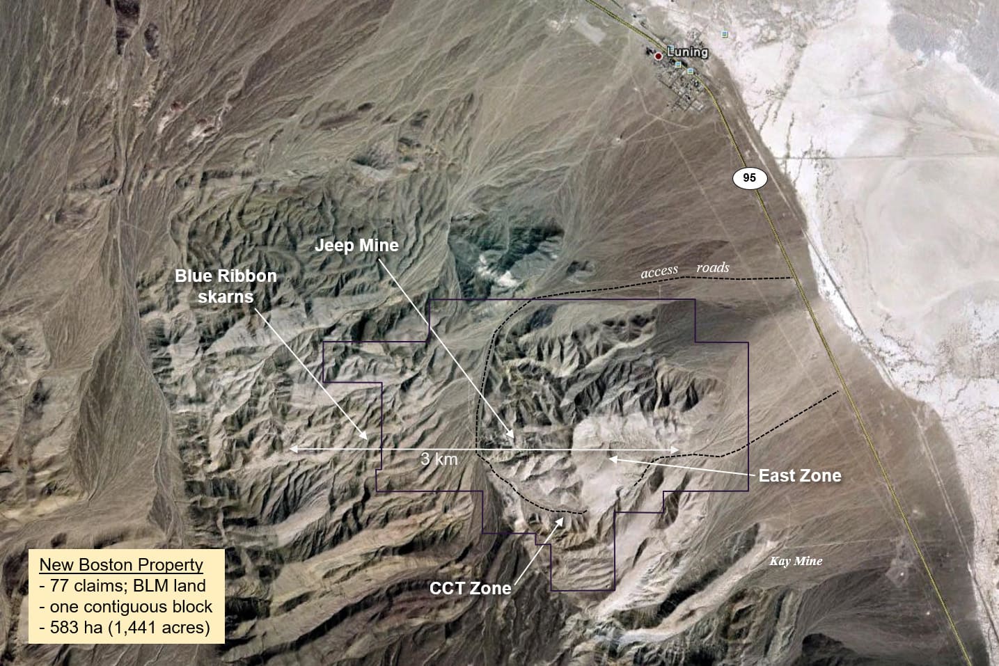 Satellite image, New Boston porphyry-skarn-breccia system, Luning, Nevada