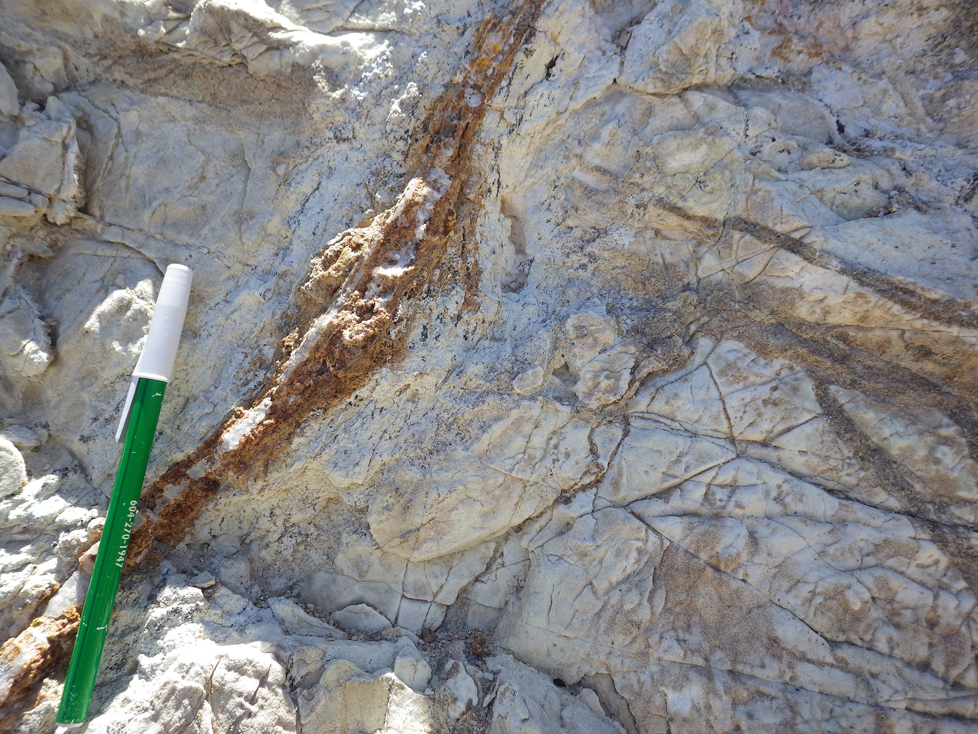 Sheeted and stockwork veins of quartz-garnet-sulfide in recrystallized limestone host rock in the drill collar area at Jeep Mine for hole NB26-003