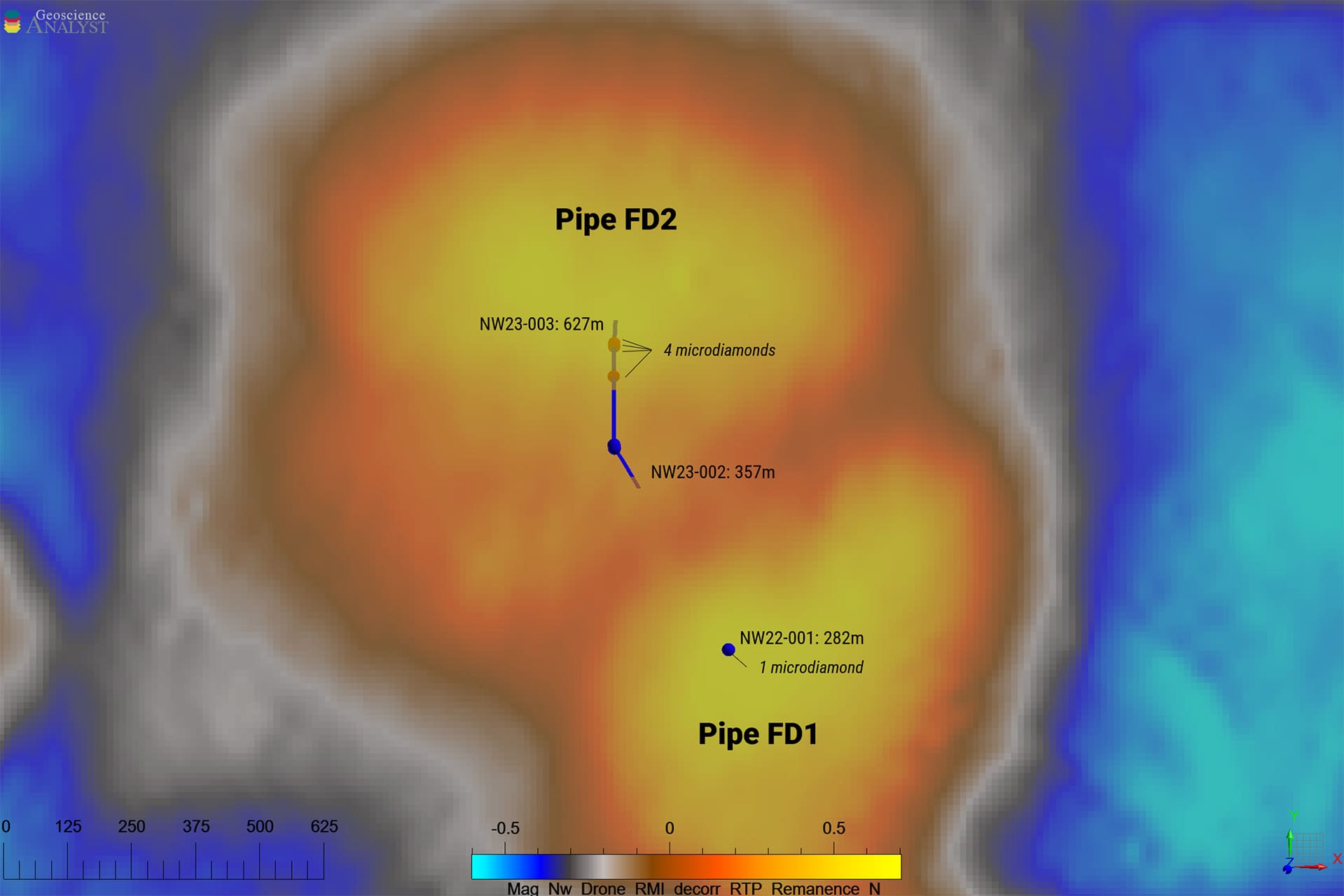 Drill holes on Magnetic Remanence Map for Northway Property