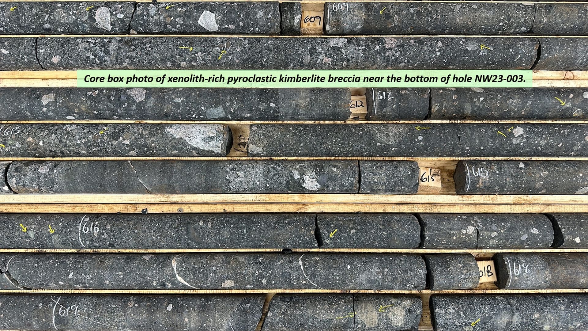 Core box photo of xenolith-rich pyroclastic kimberlite breccia near the bottom of hole NW23-003